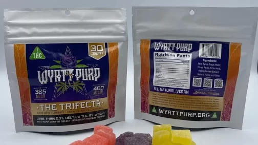 front and back of package for wyatt purp trifecta gummies