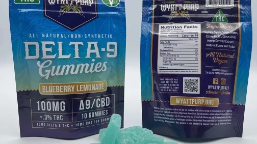 front and back of packaging wyatt purp blueberry lemonade delta 9 gummies