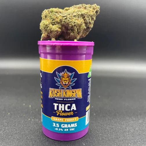 grape frosty thca flower on top of 3.5 gram canister