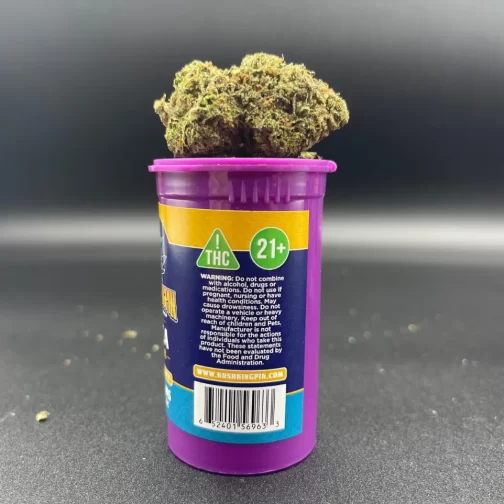 3 nugs of grape frosty thca flower on top of it's canister looking fresh