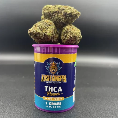 3 beautiful nugs of grape frosty thca flower on top of canister
