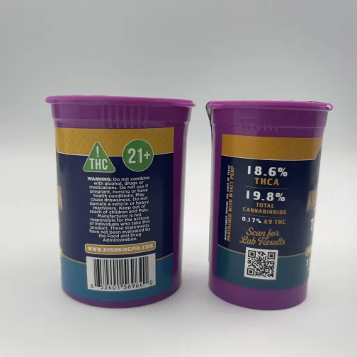 back of canisters of grape frosty thca flower