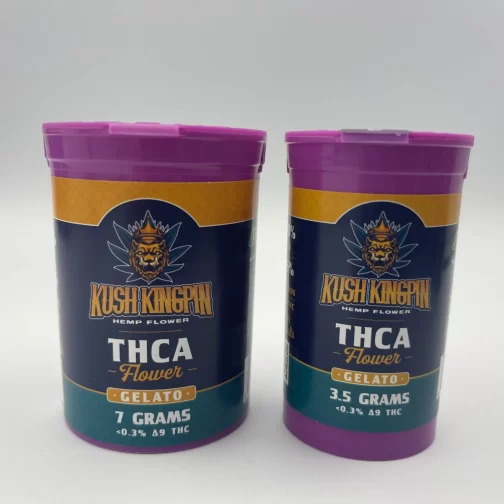 3.5 gram and 7 gram canisters of gelato thca flower from kush kingpin